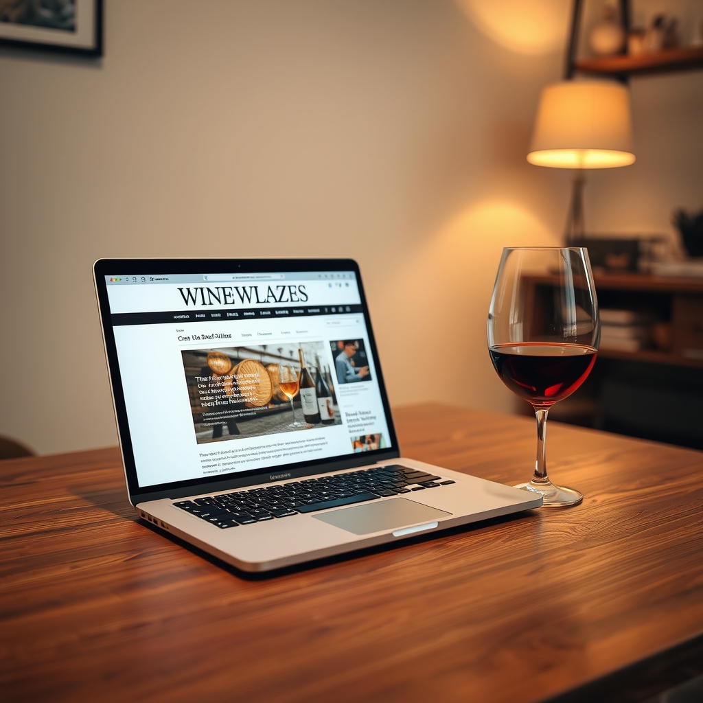 Portátil con la revista Tierra de Vinos y una copa de vino